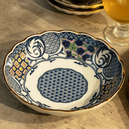 美濃燒藍染小紋深皿 (青格子)│Minoyaki Aizome Komon Deep Plate (Blue Lattice)