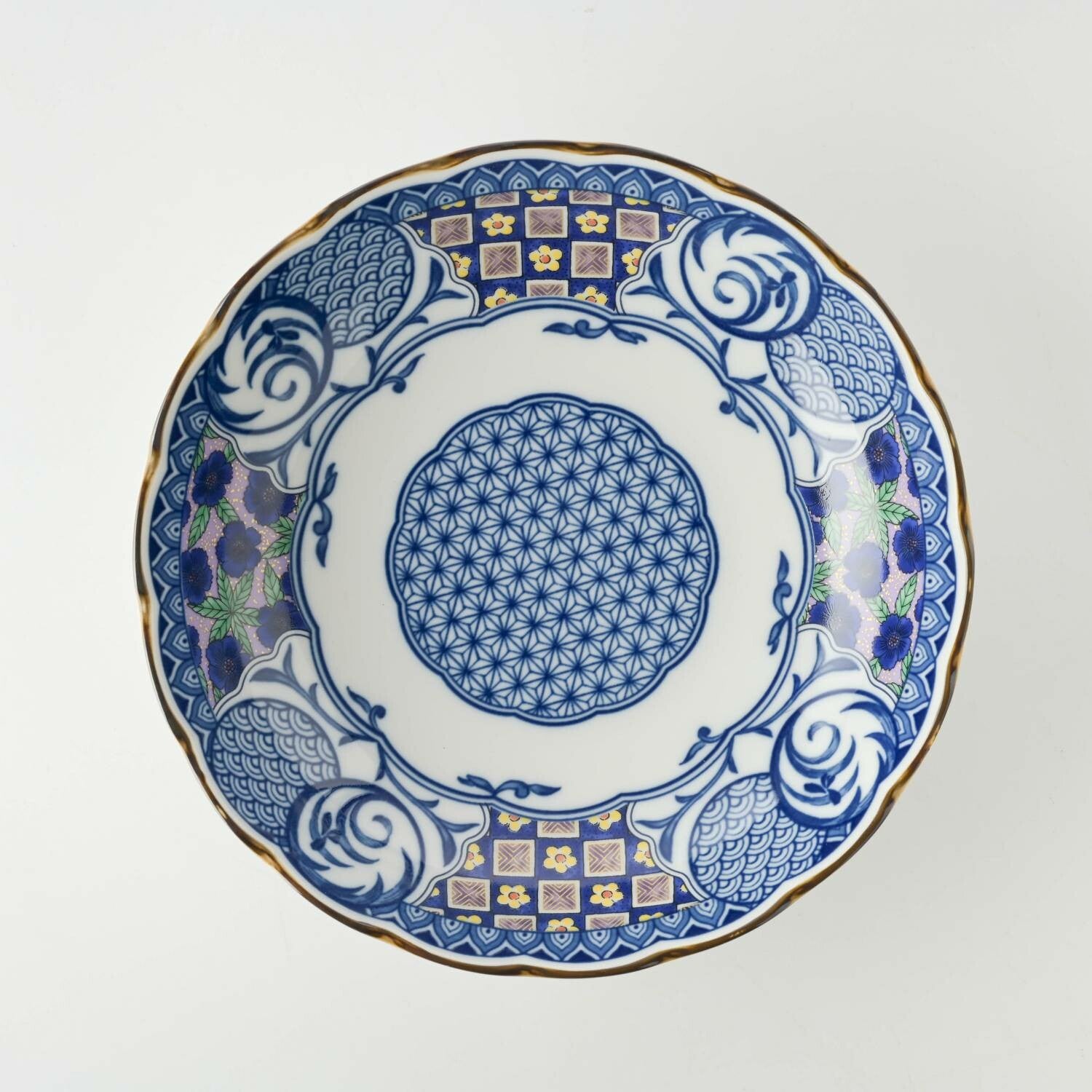 美濃燒藍染小紋深皿 (青格子)│Minoyaki Aizome Komon Deep Plate (Blue Lattice)