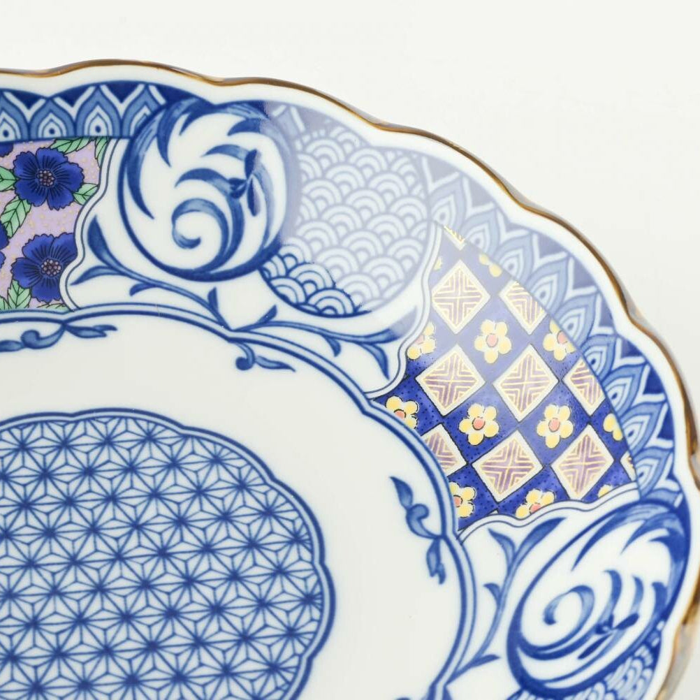 美濃燒藍染小紋深皿 (青格子)│Minoyaki Aizome Komon Deep Plate (Blue Lattice)