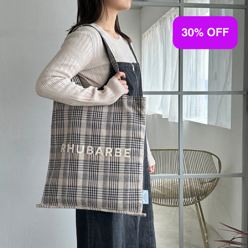 法式雜貨格紋購物袋 - 黑色